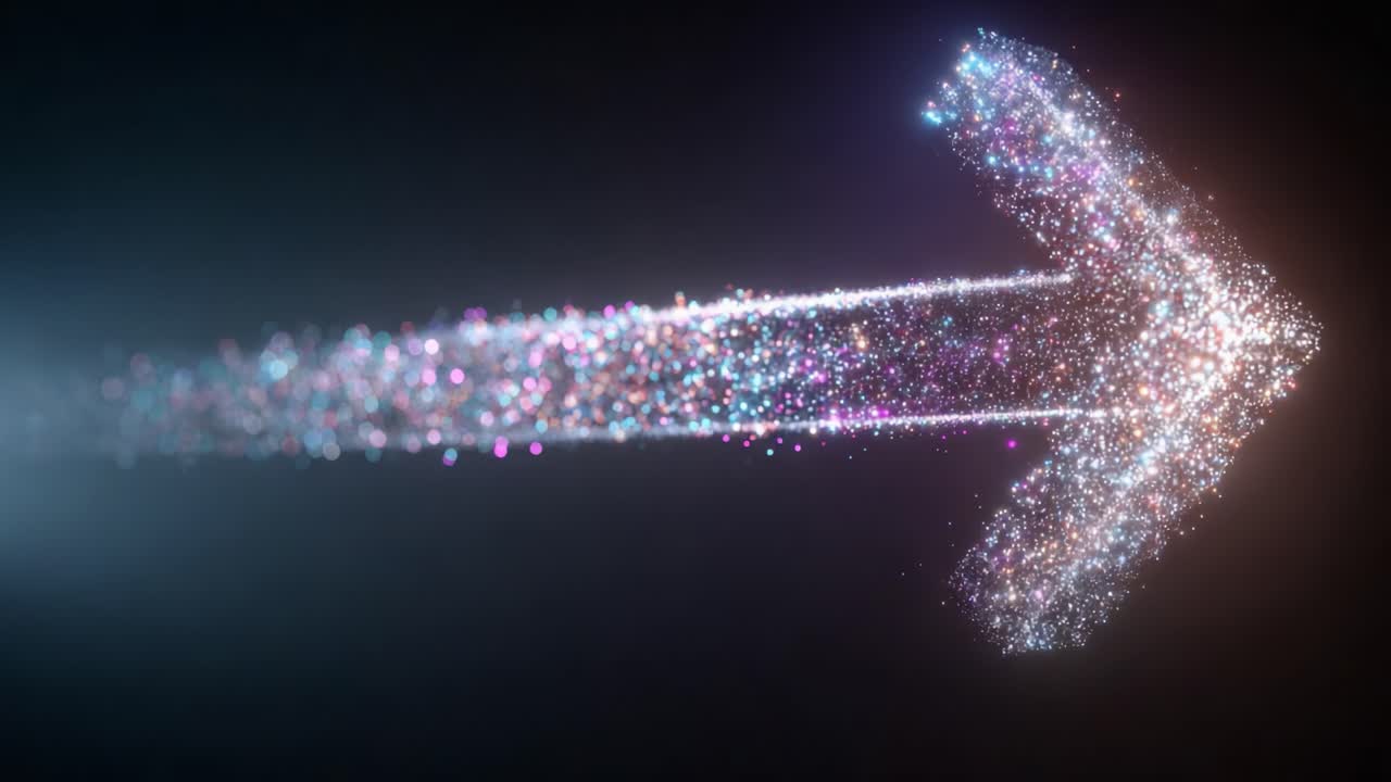 Dynamic Sparkling Arrow Transitioning Through Space, Depicting Motion and Direction with Glittering Particles Creating a Futuristic Aesthetic in a Dark Background