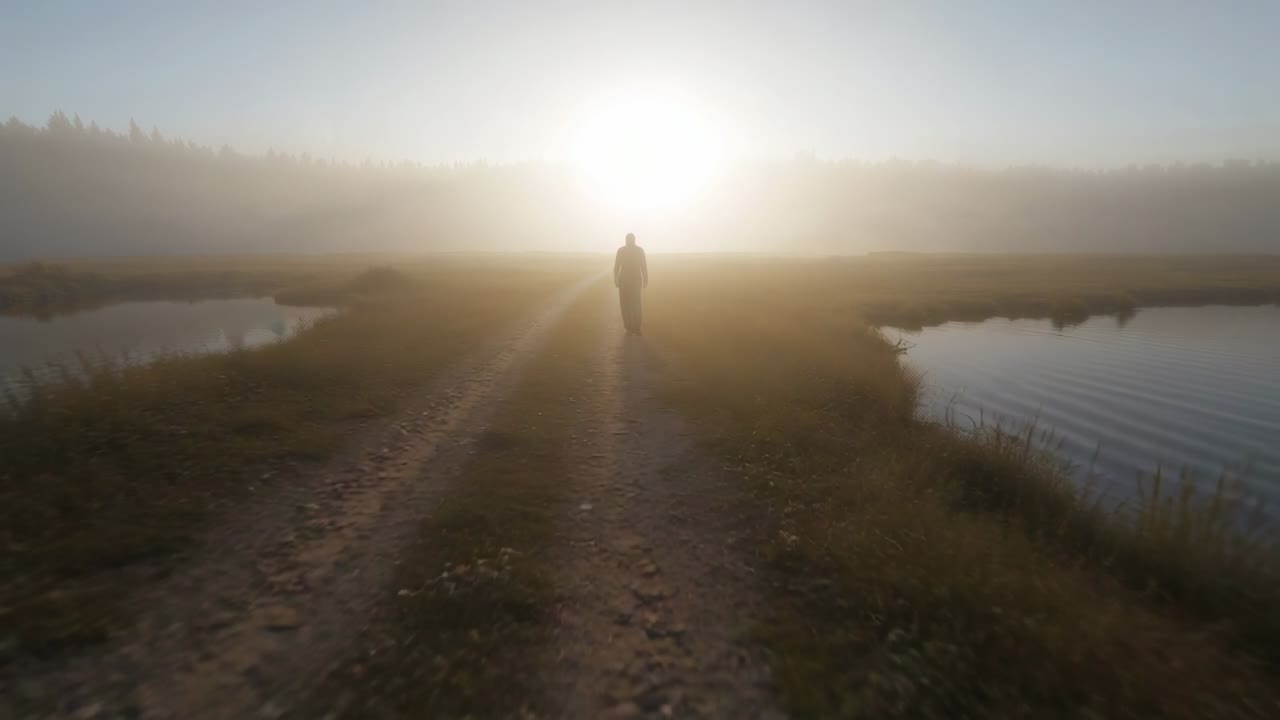Un adulto solitario che cammina da lontano verso la telecamera lungo un sentiero sterrato nella palude, con un cappotto scuro, tra solchi di pneumatici.