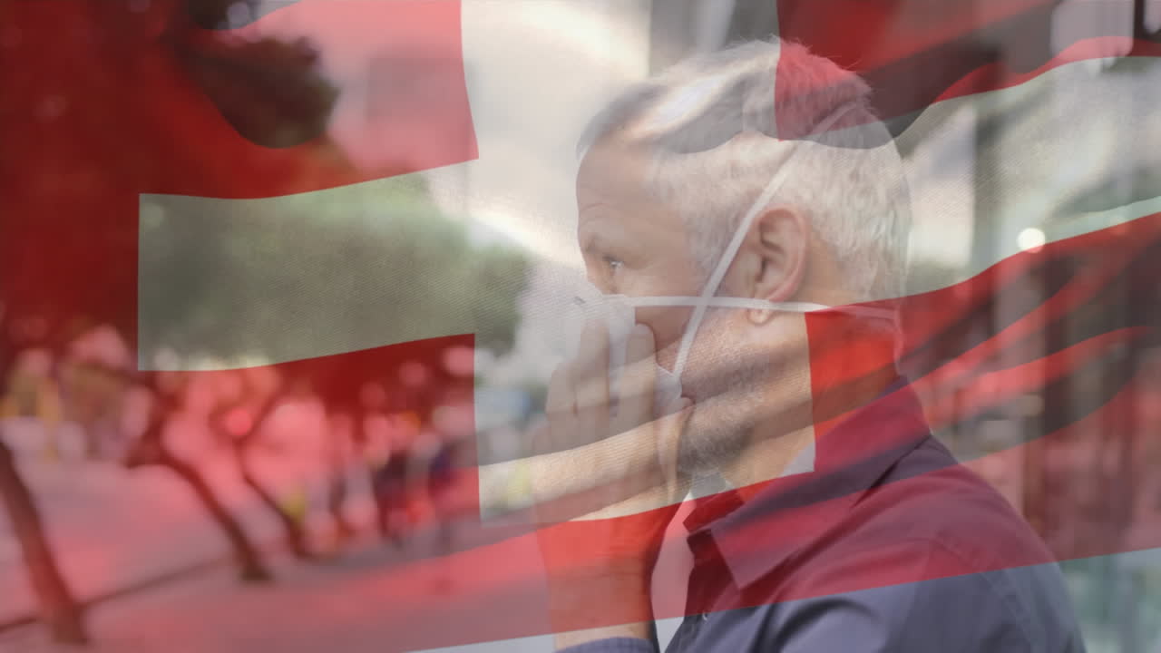 도시 거리에서 얼굴 마스크를 쓴 백인 남자가 스위스 국기를 흔들고 있는 애니메이션