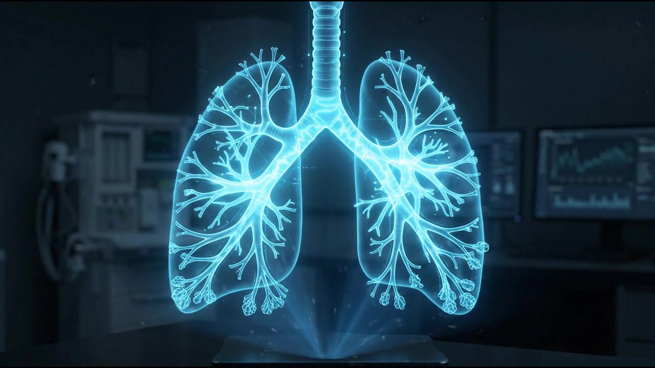 Pair of 3D human lungs render showing highlighted bronchial airways