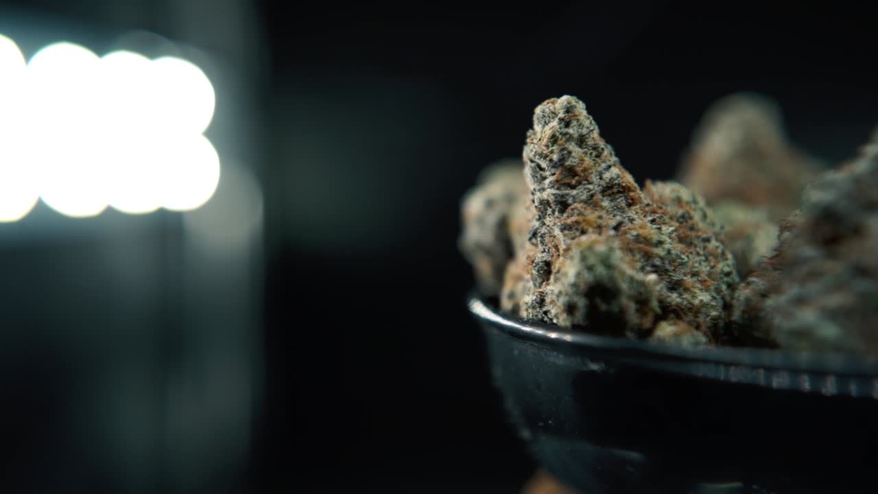 una toma macro de seguimiento a la derecha de una planta de cannabis, cepas híbridas de naranja, sativa, flor de marihuana, en un soporte giratorio, full hd, super cámara lenta, 120 fps, iluminación de estudio