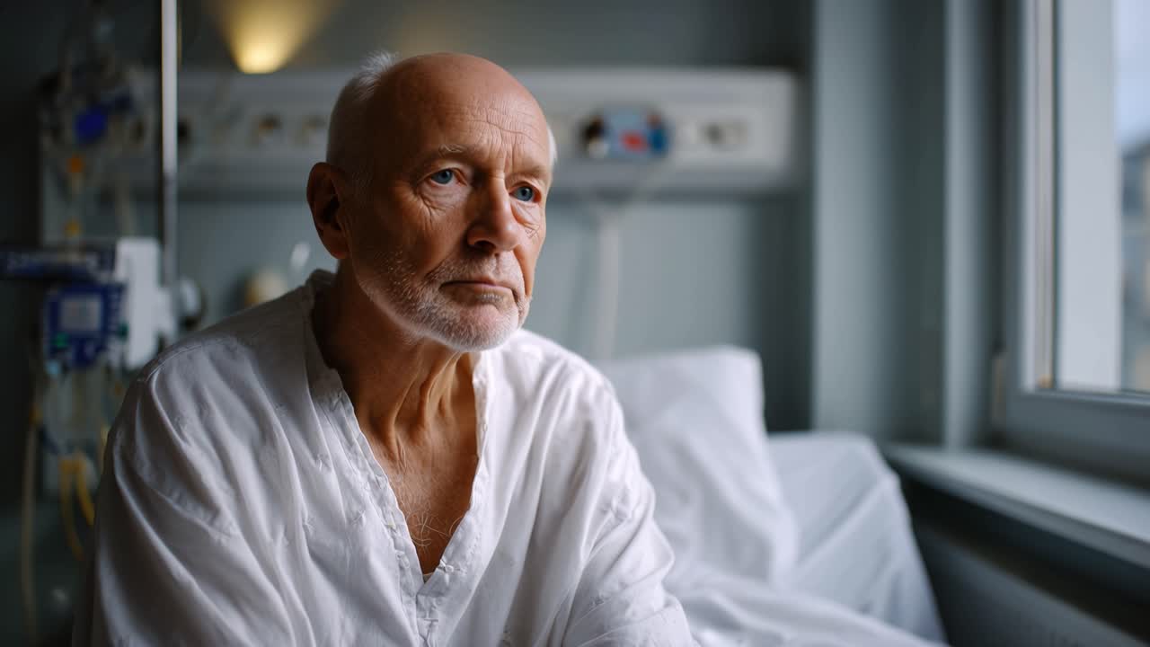 Un uomo anziano siede in un letto d'ospedale, guardando fuori dalla finestra. Il suo viso mostra contemplazione silenziosa, stanchezza e calma. La stanza è illuminata con luce soffusa, con attrezzature mediche nelle vicinanze. La scena evoca solitudine.