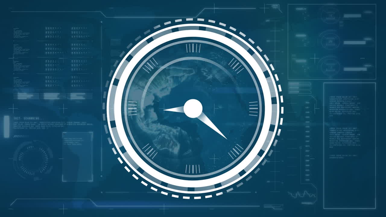 Animation of ticking clock over interface with globe and data processing against blue background