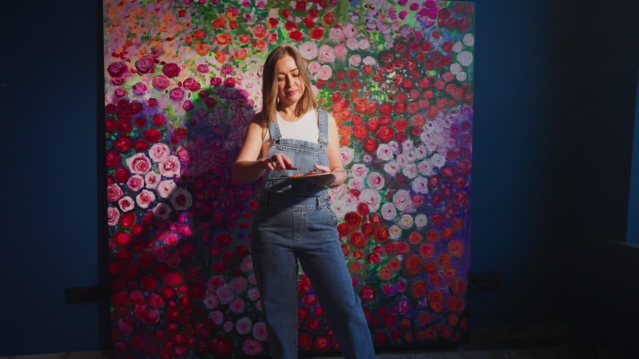 Artista donna che mescola i colori sulla tavolozza davanti a un dipinto floreale