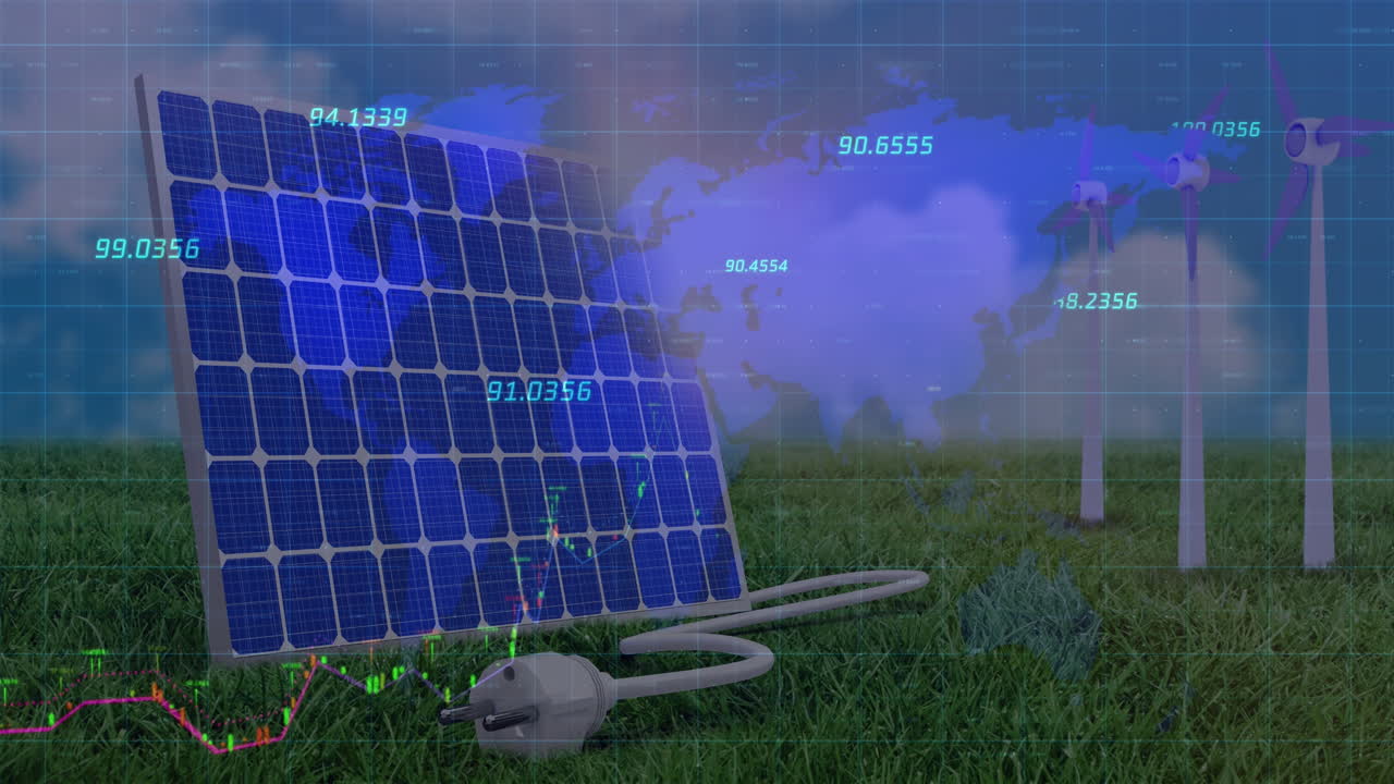 анимация обработки финансовых данных через ветровые турбины и солнечные панели