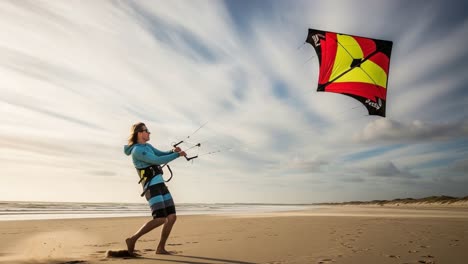 a dynamic moment captured as a kitesurfer navigates the beach with vibrant kite soaring in the background, embodying the adventure spirit of water sports and wind play