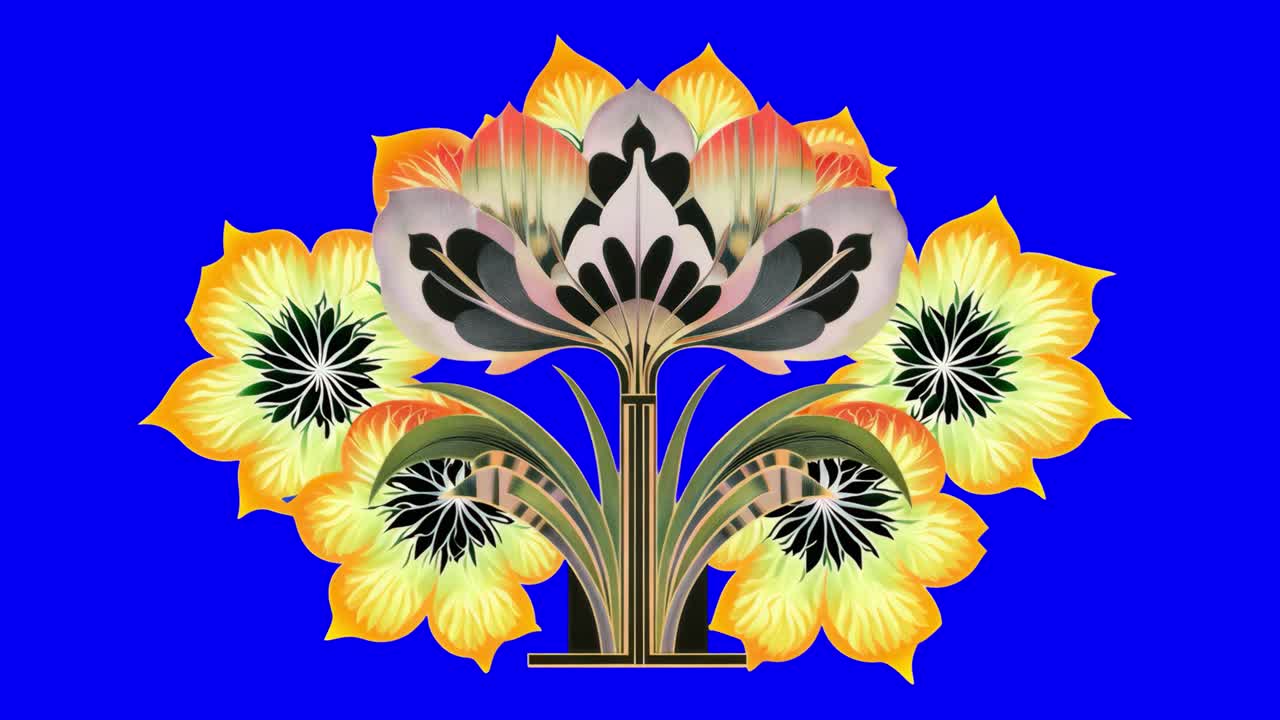 Vibrant floral deco design animation, transparent 4K video, green screen