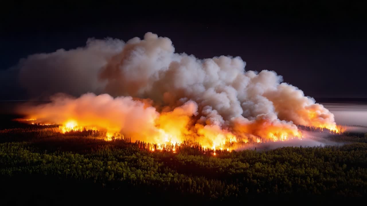 A dramatic nighttime forest fire consumes the landscape, billowing smoke and flames rising above a sea of trees, illuminating the dark sky with an eerie glow