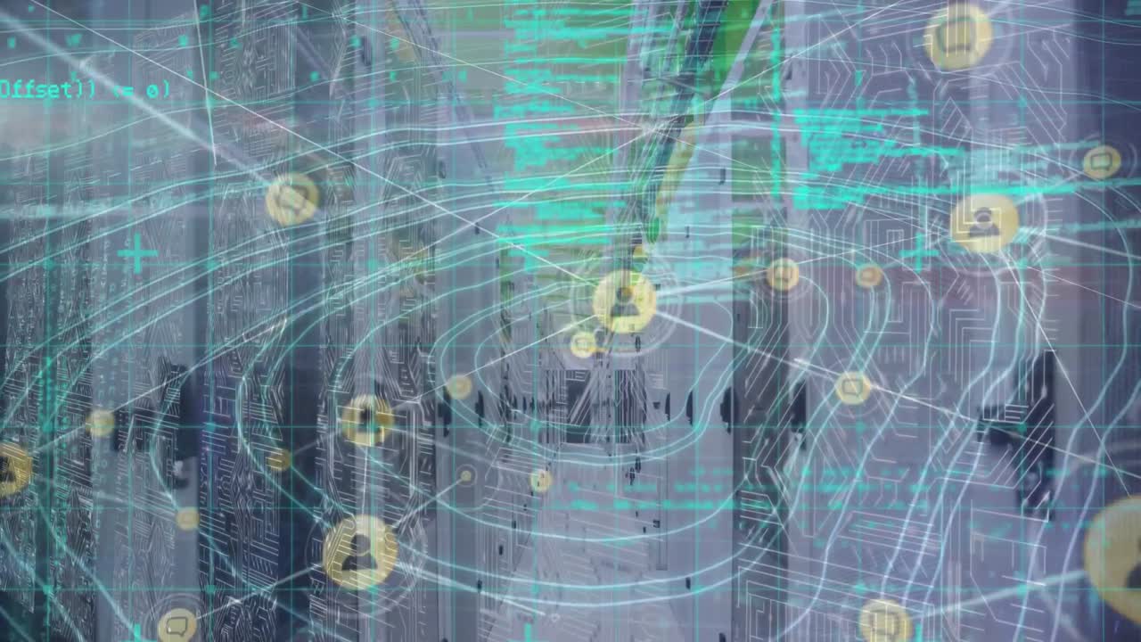 Animation of network of profile icons with data processing and topography against server room