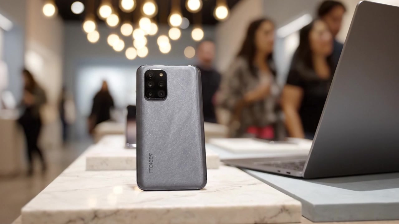 Nowoczesny smartfon wystawiony w sklepie technologicznym z miękkim oświetleniem i laptopem, prezentujący innowacyjny design i technologię w nowoczesnym środowisku handlowym.