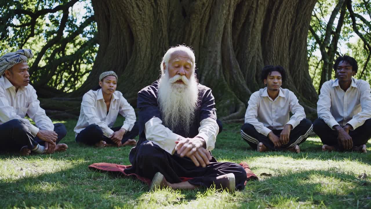 A serene video scene of a group meditating under a large tree. Captured at eye level, it conveys