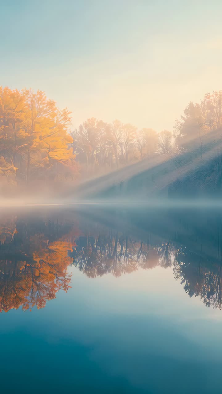 Vertical video: Sunlight shifting right, mist drifting, lake reflecting treeline and golden trees
