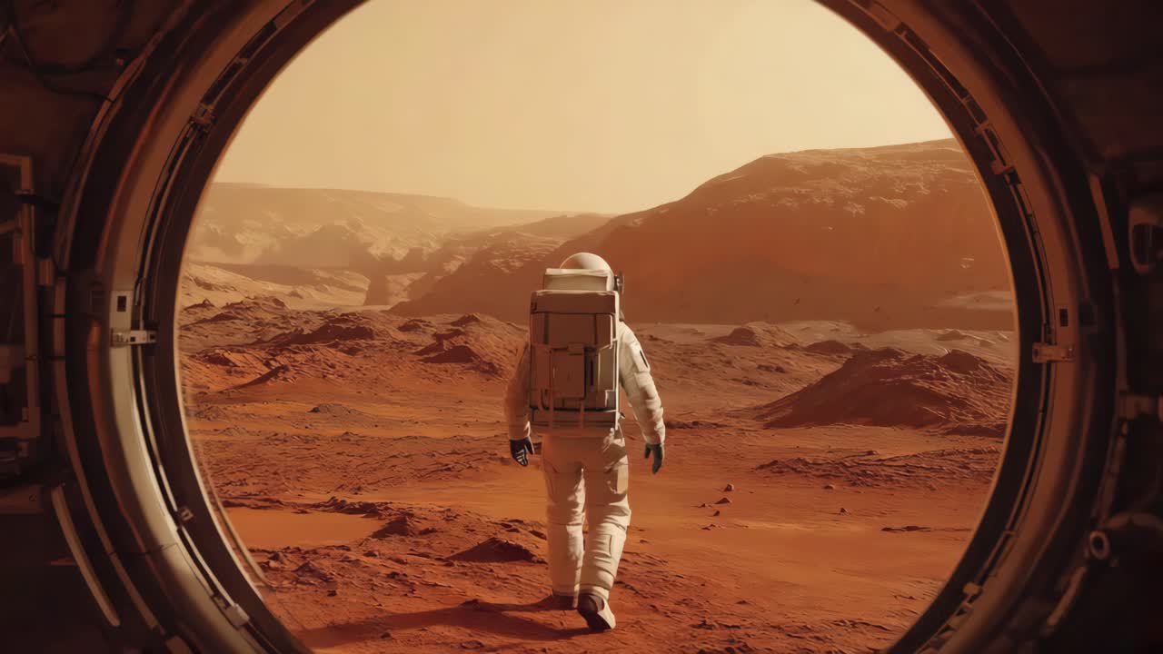 Un astronauta cammina su Marte, visto attraverso l'oblò di un'astronave