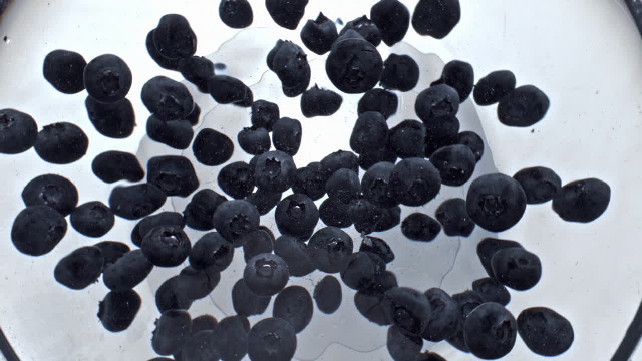 투명한 아쿠아 블루베리 (aqua blueberries) 가 컵 안에서 회전하는 클로즈업 (close-up) 테일 회전 (cocktail rotation)