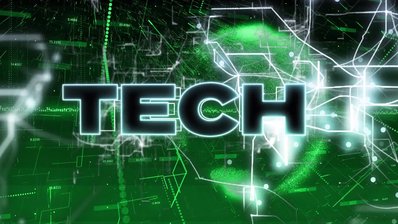 Waveform sweeping into UI, bits swirling forming sphere and neon TECH pulsing for demo