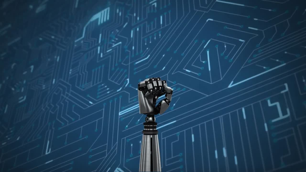 mano de robot y placa de circuito brillante