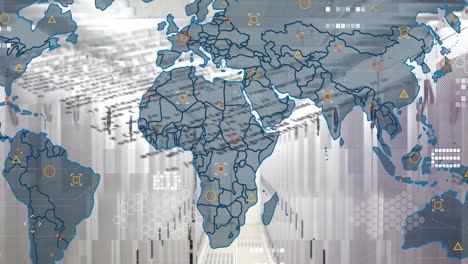 animation of world map and digital data processing over computer servers