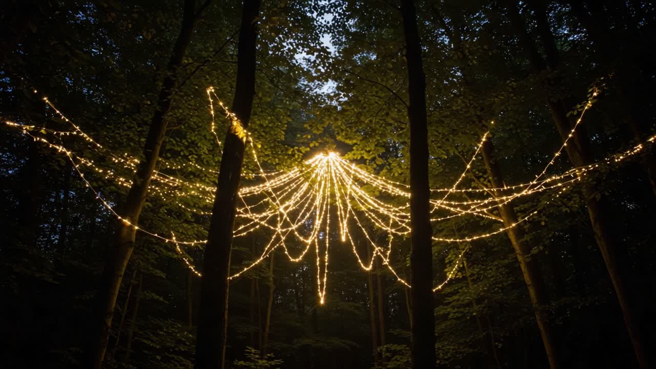Enchanting Forest Scene with Illuminated String Lights Creating a Magical Atmosphere, Capturing the Beauty of Nature at Dusk