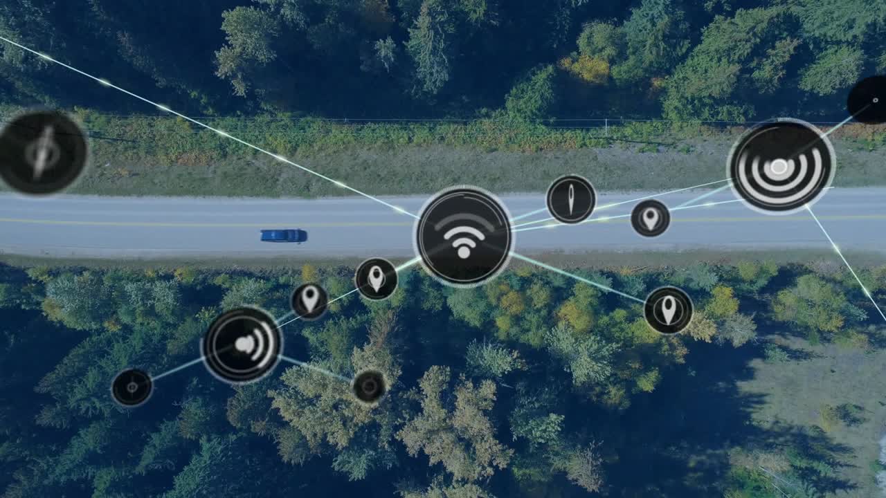 Central target appearing, digital mesh growing and linking nodes over road, showing signal spread