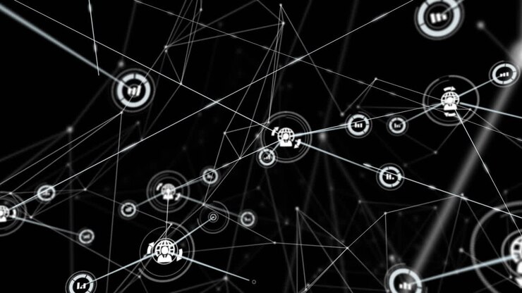 Animation of networks of connections with icons over black background
