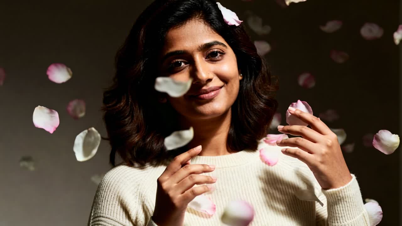 Smiling Indian woman reacting to falling petals, raising hands to chest posing in studio sweater