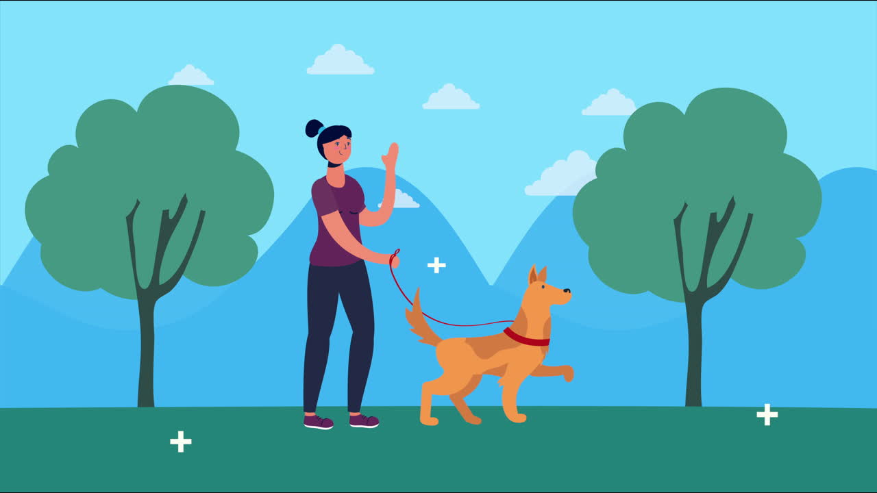 공원에서 개와 함께 고 있는 여자