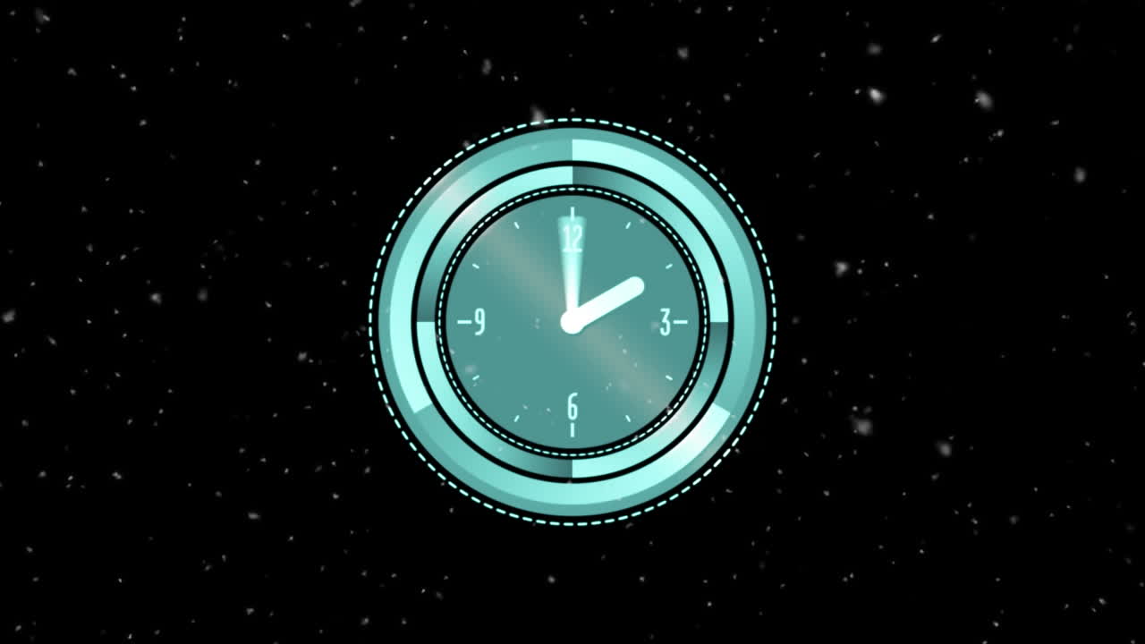 animación de puntos blancos en movimiento y reloj sobre fondo negro