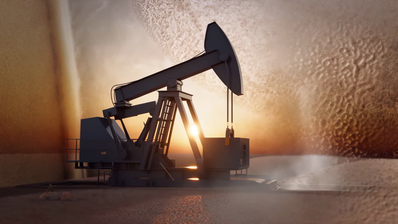Oil Pumpjack at Sunset in a Desert Landscape