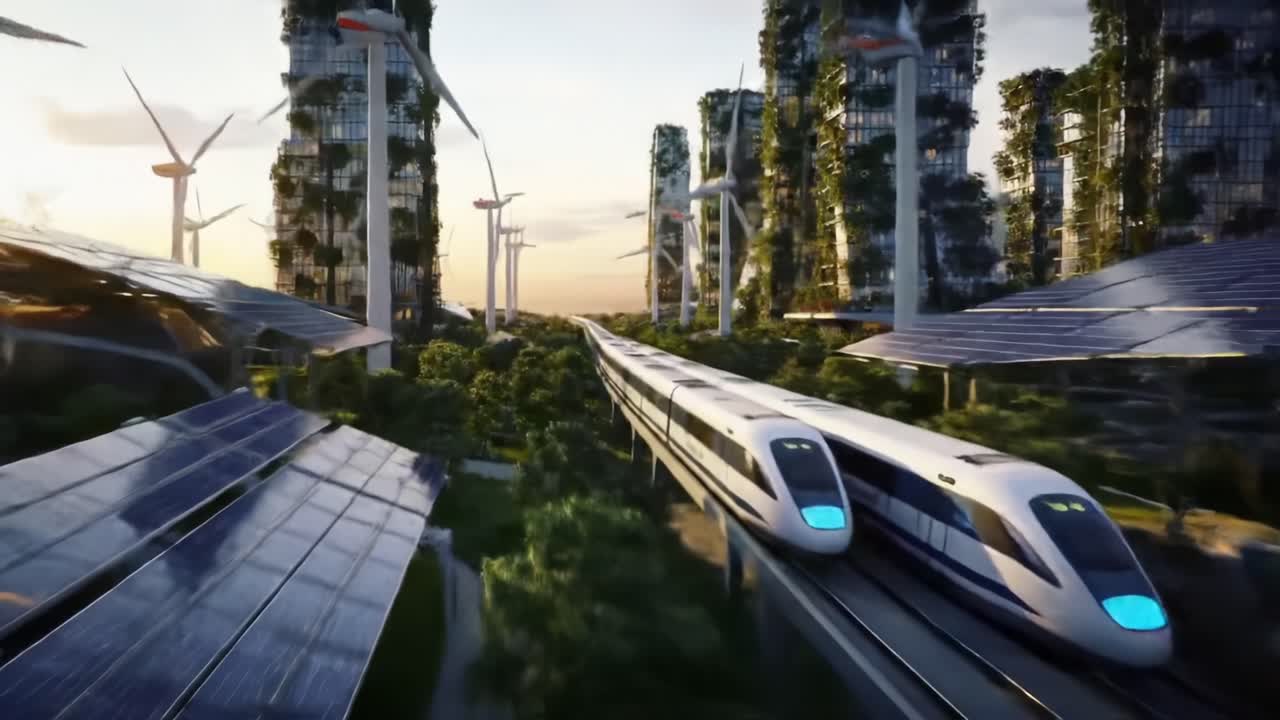 Futuristic Train Journey Through a Sustainable City Powered by Wind Energy and Solar Panels, Showcasing Advanced Eco-Friendly Technology and Urban Design
