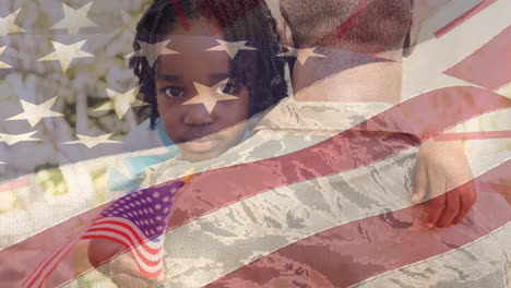 animation of flag of america blowing over african american daughter with flag hugging soldier father