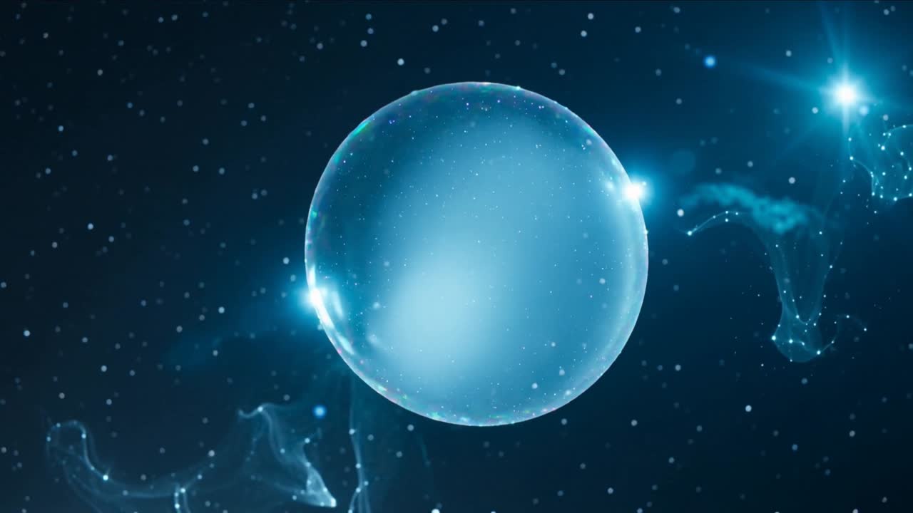 Una sfera bluastra in espansione che si illumina al centro dell'inquadratura, mentre un bagliore sul bordo destro si collega a un filamento.
