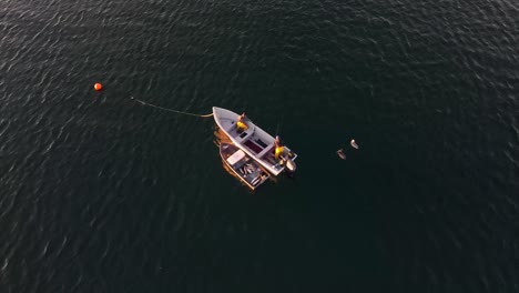 Aerial-orbit-of-anchored-motorboat-transfer-fish-to-rowboat-dinghy