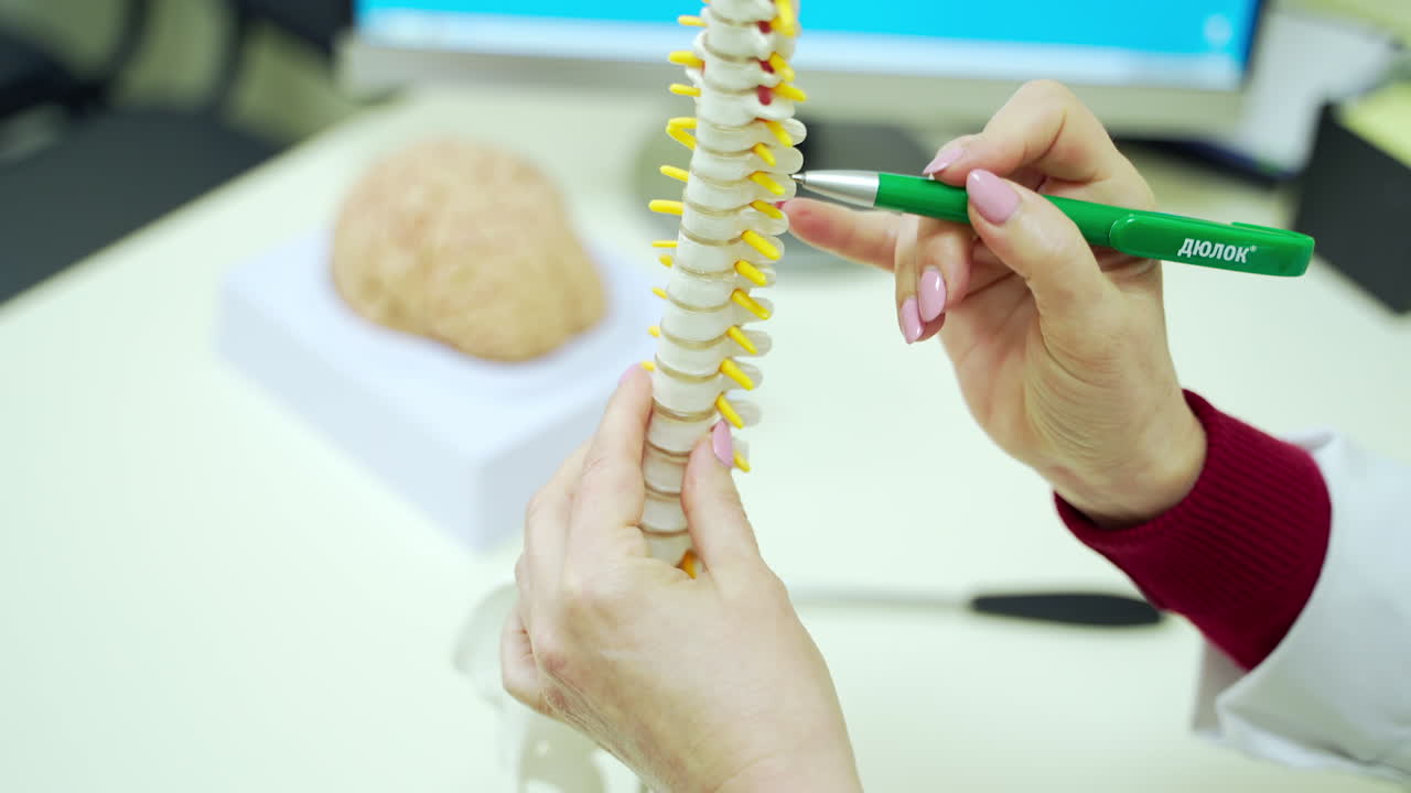 Specialist doctor showing skeleton model. Doctor tells about work of spine, model of human vertebrae
