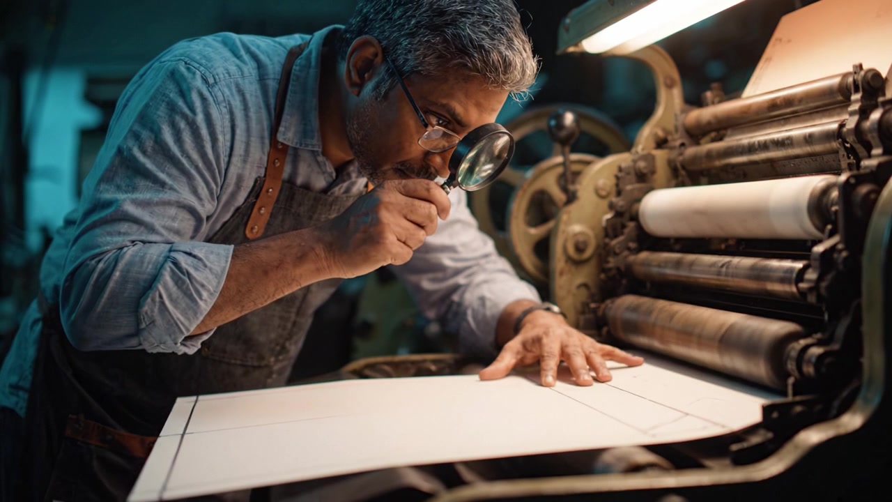 Ambachtelijk vakmanschap: een toegewijde drukker lijnt zorgvuldig papier uit op een traditionele drukpers in een schemerige werkplaats, wat de schoonheid van handmatige druktechnieken toont