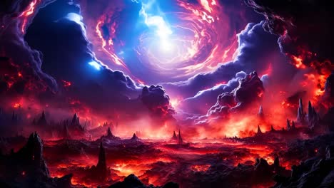 una pintura de un cielo rojo y azul con nubes y lava