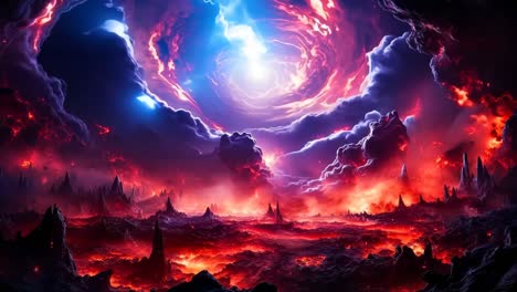 a painting of a red and blue sky with clouds and lava