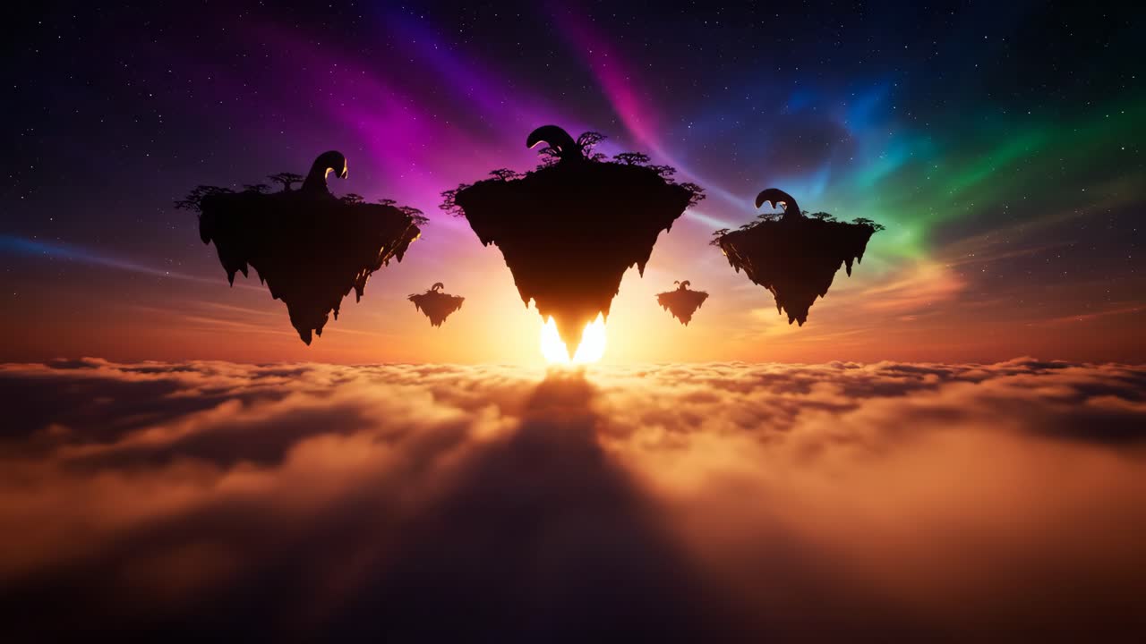 Floating Islands at Sunset with Aurora Borealis