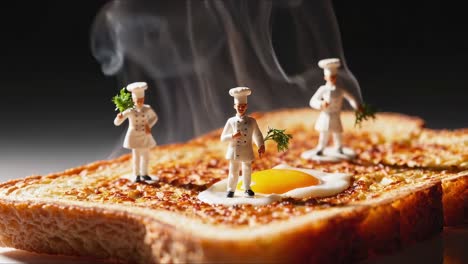 miniature chefs gathering around sizzling fried egg perched on toast slice, rising smoke creating whimsical culinary narrative within playful miniature world