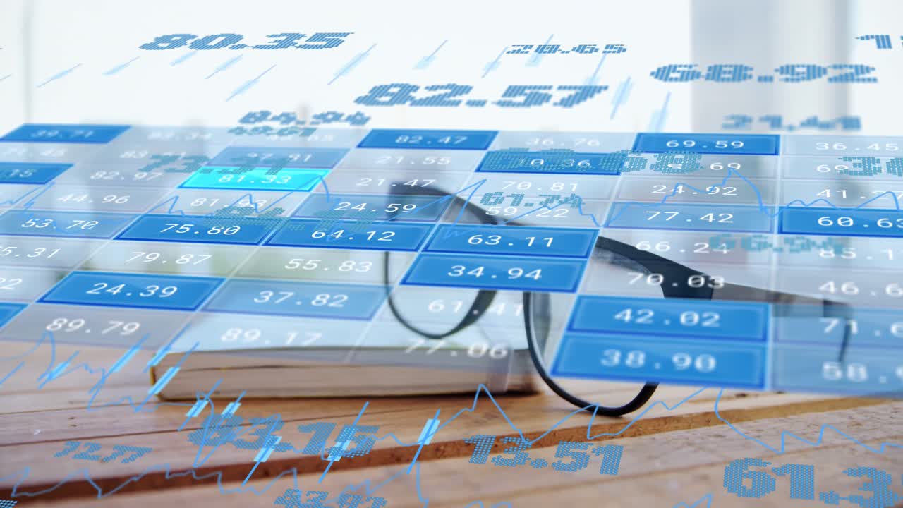 animación del procesamiento de datos financieros a través de gafas y portátil