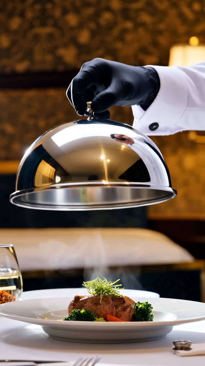 Gourmet Steak Dish Unveiled by Waiter in a Fine Dining Restaurant