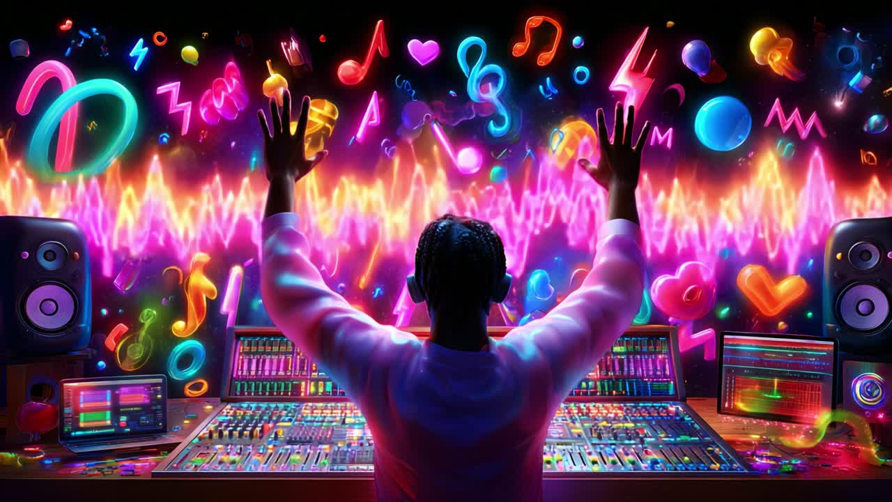 Dynamic Audio Experience: A Producer's Creative Journey Through Vibrant Waves of Sound, Emotions, and Music Visualization in a High-Energy Studio Environment