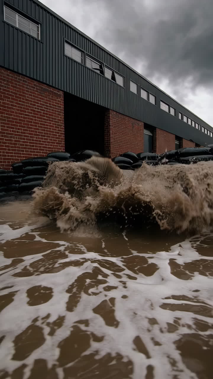 Muddy Floodwaters Splashing Against a Building Protected by Sandbags