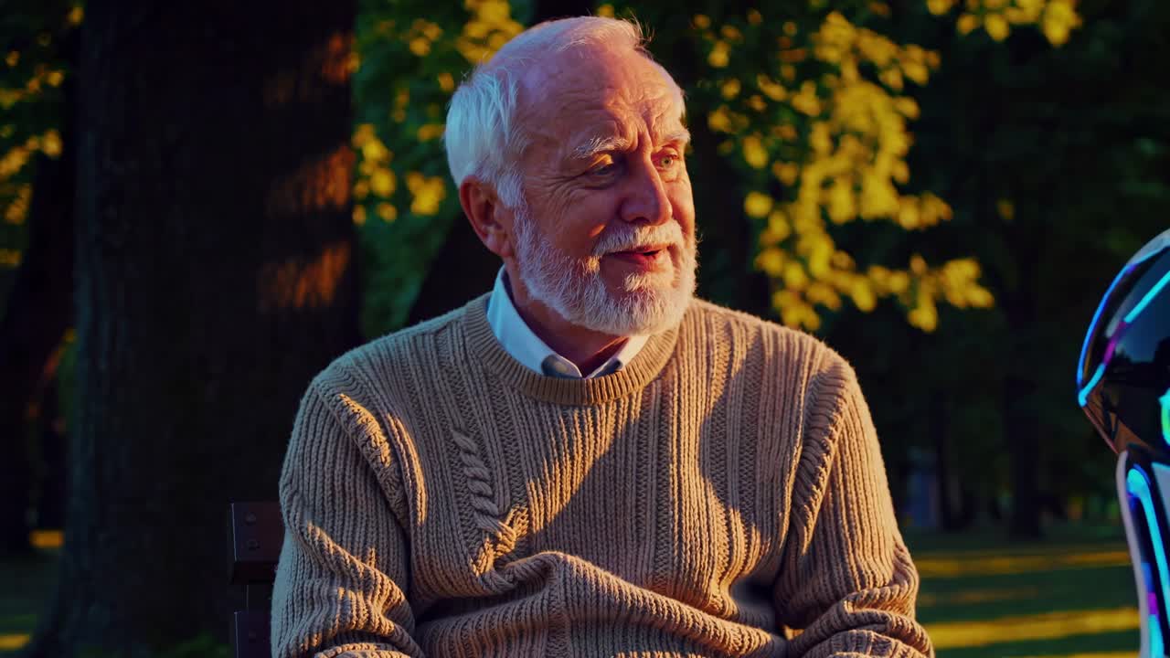 Elderly Man and Robot in a Park at Sunset