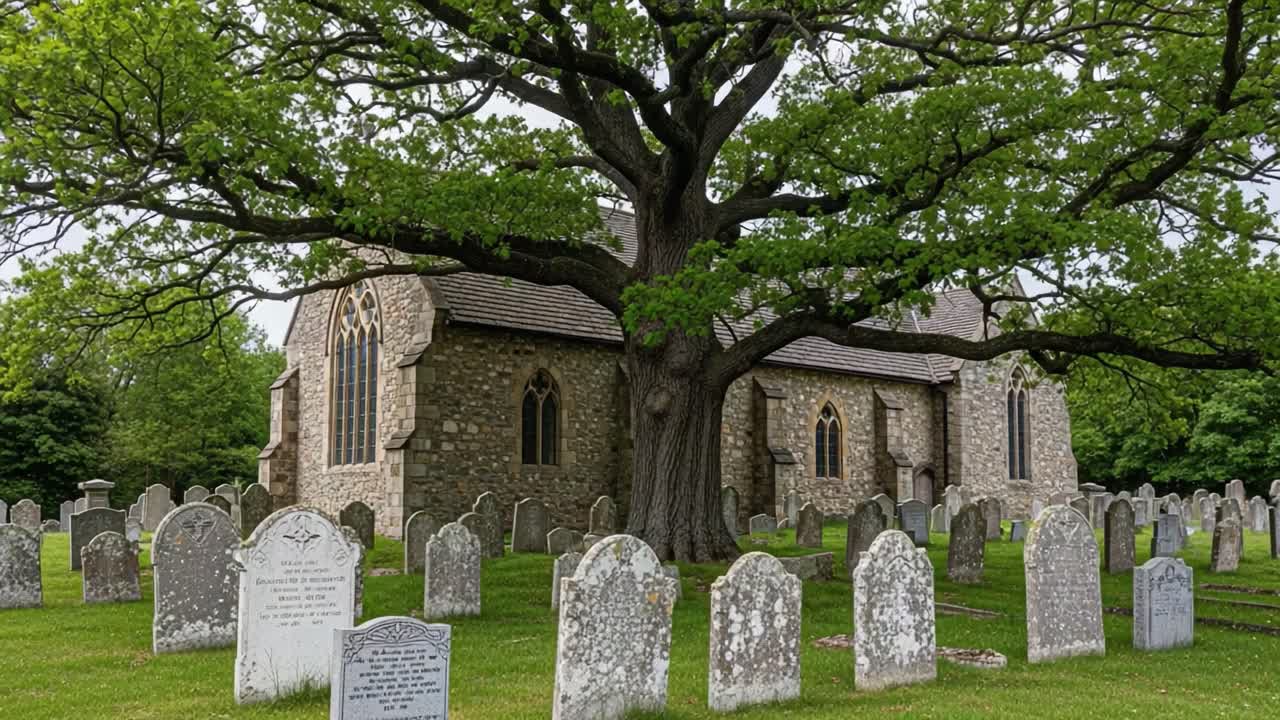 A Majestic View of a Historic Church Surrounded by Lush Greenery and Weathered Gravestones under the Canopy of an Ancient Tree