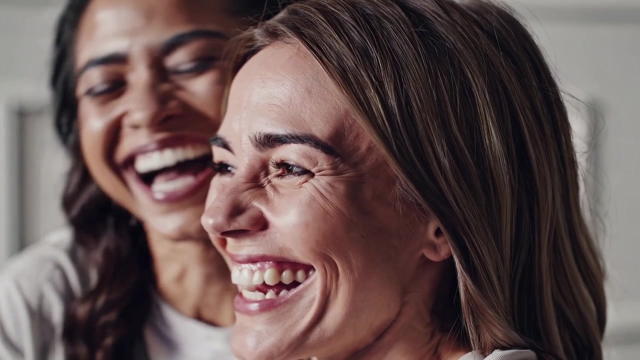 Dos mujeres diversas y felices riendo y sonriendo juntas