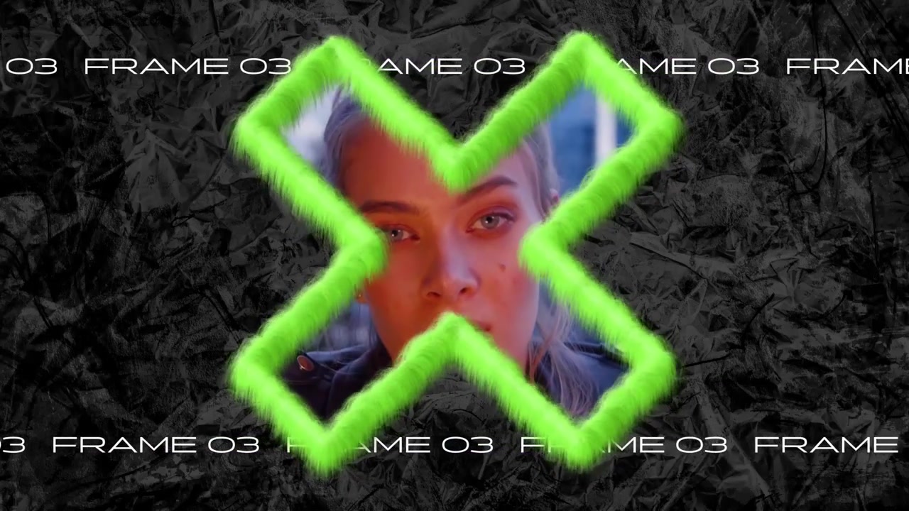 Woman's Face Revealed Through Glowing Green X Graphic on Dark Background