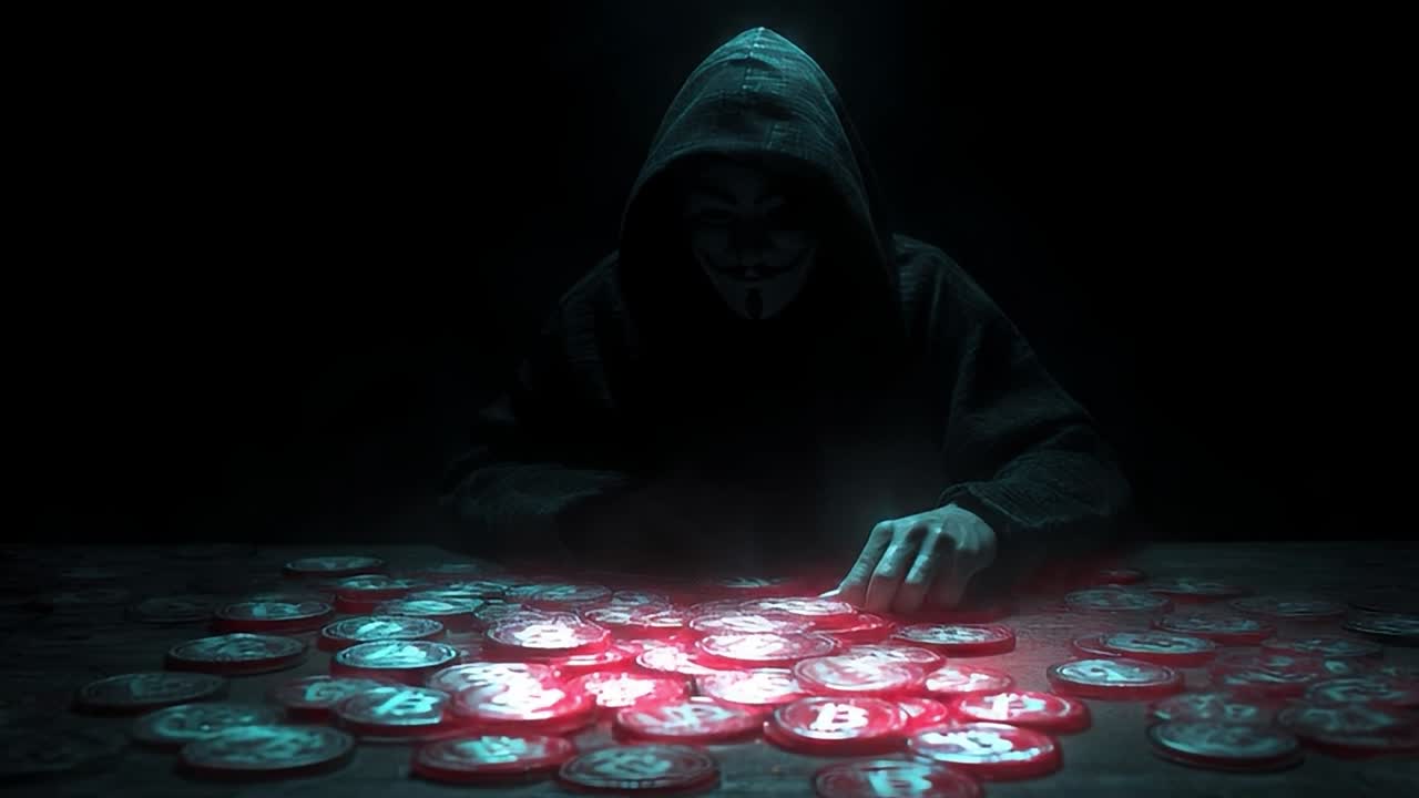 Personnage mystérieux avec des jetons Bitcoin dans un décor sombre la nuit