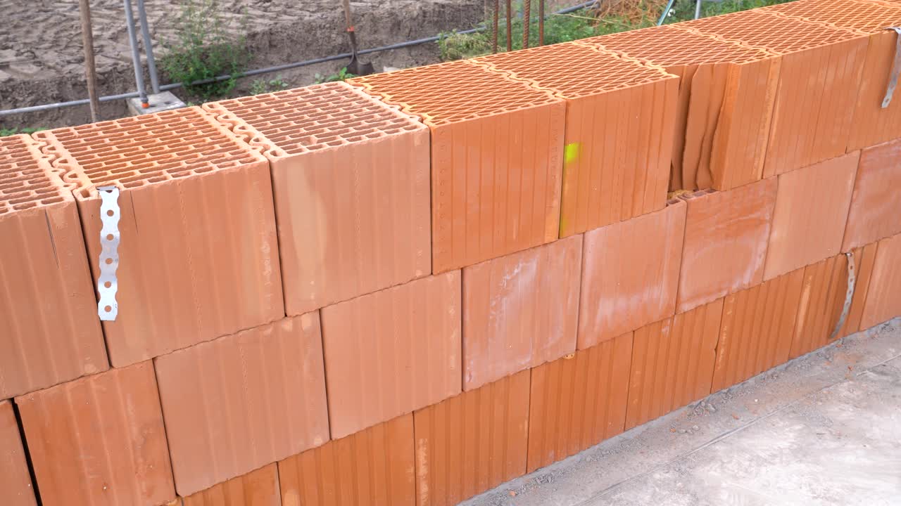 Ceramic brick wall under construction with visible joint lines at build site