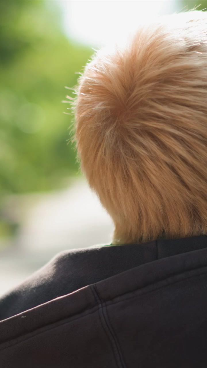 Un uomo caucasico con capelli biondi corti si muove lentamente su un sentiero. Una giacca copre una camicia chiara con disegni neri sulla schiena. L'ambiente esterno include segnaletica stradale visibile vicino agli alberi.