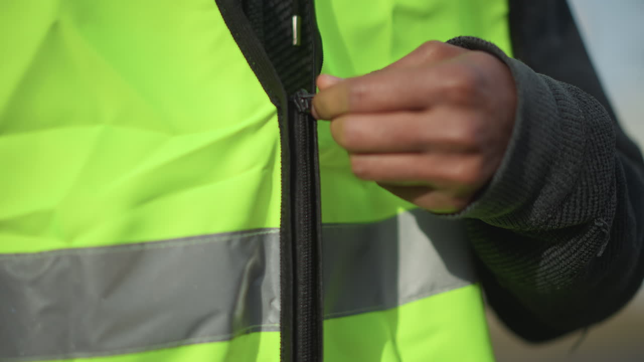Close-up of neon yellow reflective safety vest with partially unzipped black zipper, showing horizontal silver reflective stripes on bright fluorescent fabric worn over dark sweater